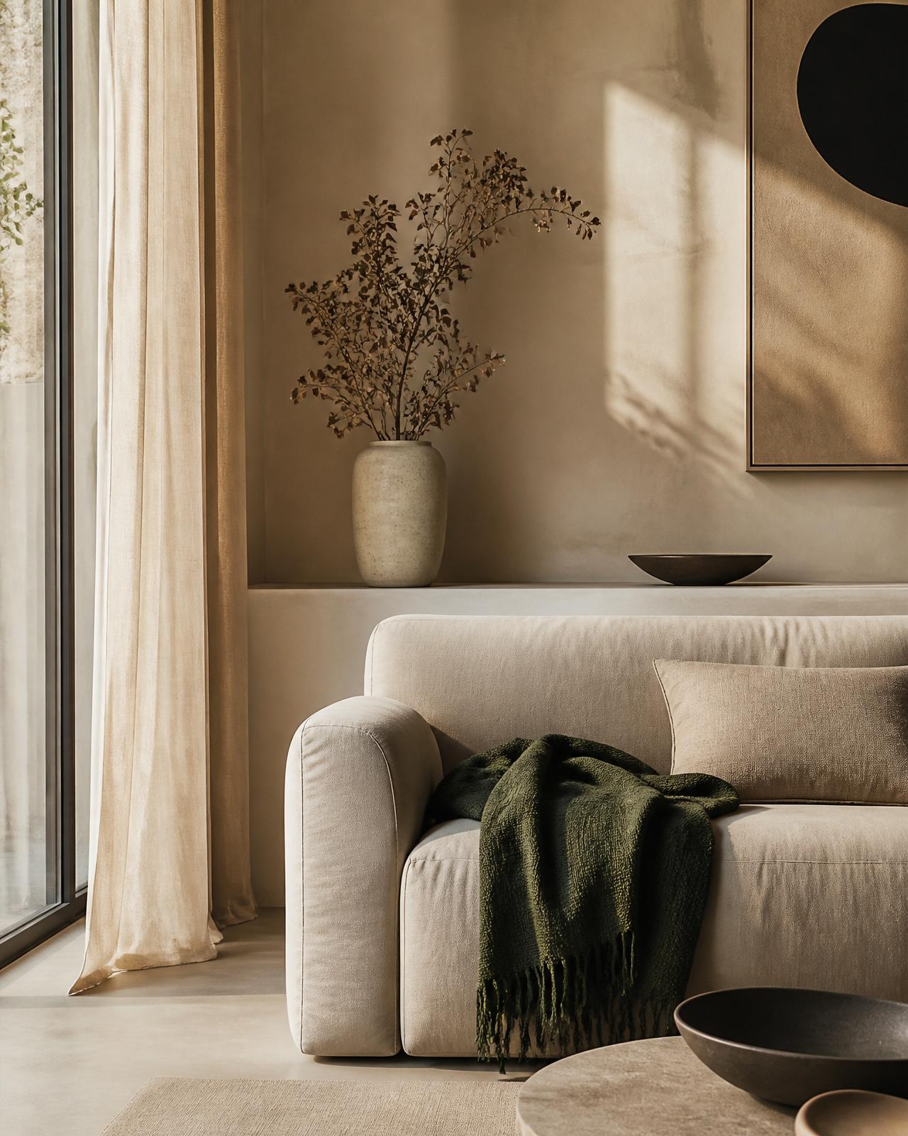 A quiet, warm living room composed in cream and deep green.